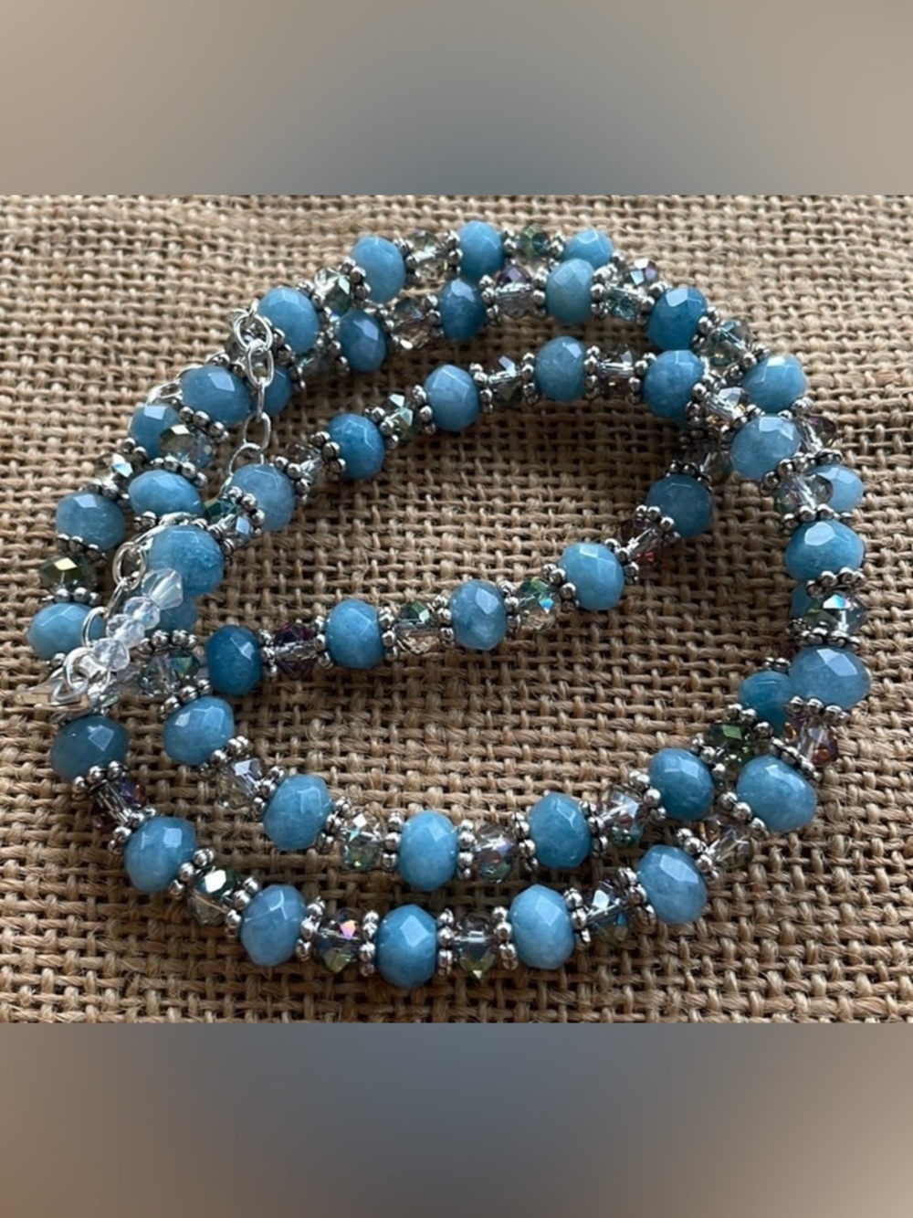 Necklace polished ocean blue aquamarine Silver & Crystal spacers Adjustable